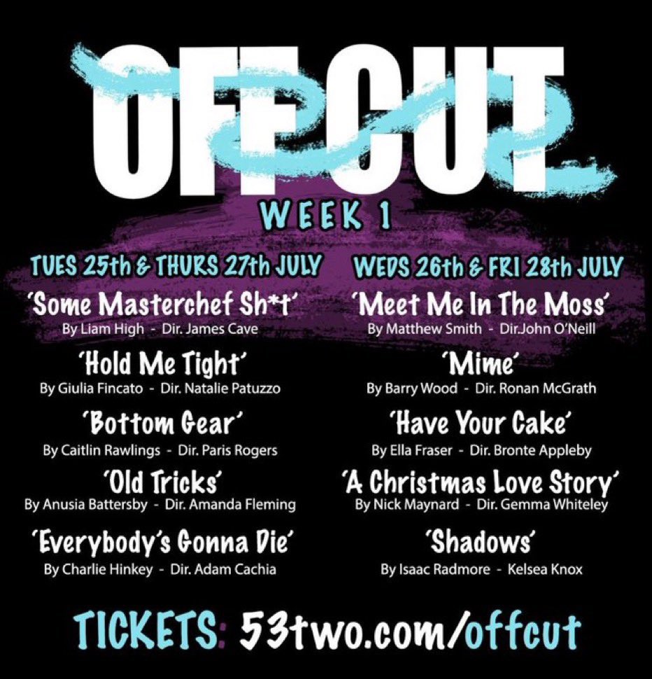 Excited to have another of my plays showing this week! This time it's a cheery one about the world ending several times!

Tickets for <a href="/offcutMCR/">offcutMCR</a> at <a href="/53two/">53two</a> here:
53two.com/offcut

#OffCutMCR #OffCut2023