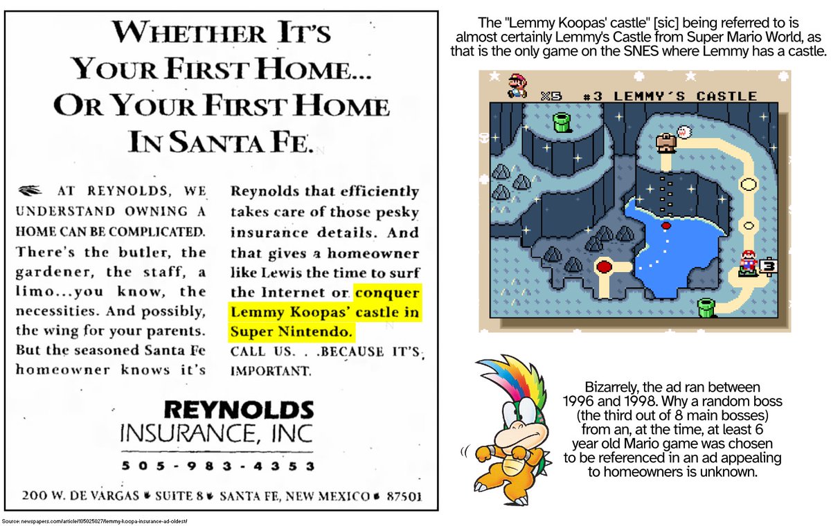 MarioBrothBlog's tweet image. Lemmy Koopa has been bizarrely referenced in an ad for home insurance. Between 1996 and 1998, an ad for an insurance company in a Santa Fe newspaper mentioned "Lemmy Koopas' castle in Super Nintendo" [sic] for no known reason.