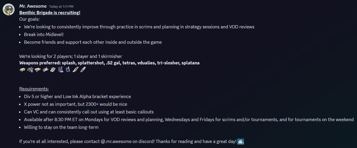 benthic_brigade's tweet photo. Hey everyone! It is time. Benthic Brigade is recruiting! rt's appreciated :) @Spl_Teams https://t.co/jI056X5yLx