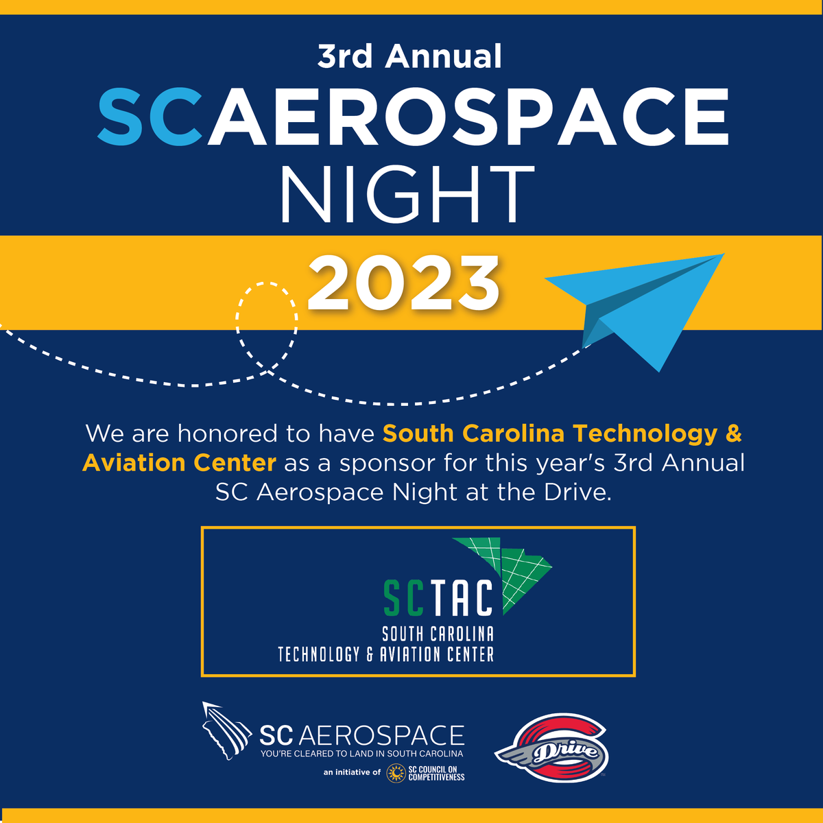 sccompetes's tweet photo. Thanks to @SCTAC for being a sponsor of #SCAerospaceNight 2023! Join us on August 10th as we show off the state's aerospace industry with the Greenville Drive! https://t.co/YVUSd8M5Sa