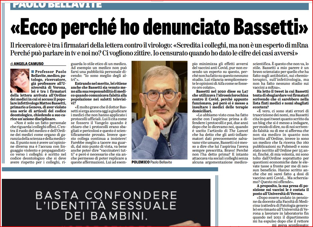 OrtigiaP's tweet photo. UNA DENUNCIA FIRMATA DA 123 MEDICI CONTRO #Bassetti  e il @MinisteroSalute #Schillaci vorrebbe dargli incarichi di peso nella Sanità???   Chiarissimo il Prof #Bellavite che ha firmato la denuncia.. NESSUN MEDICO DEVE ERGERSI A DIRE SONO MEGLIO IO  e sorattutto perchè ha negato per due anni gli antinfiammatori e poi ha ammesso che li usava anche lui'?Deontologia medica sotto i tacchi. Chi osava curare veramente è stato radiato