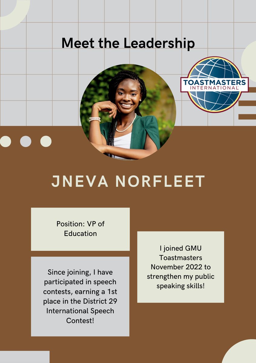 Happy Monday @gmutoastmasters! 
Today we highlight, Jneva Norfleet our District 29 International Speech Contest Winner, PhD in Education student, and VP of Education. #TellYourStory #District29 #Toastmasters
