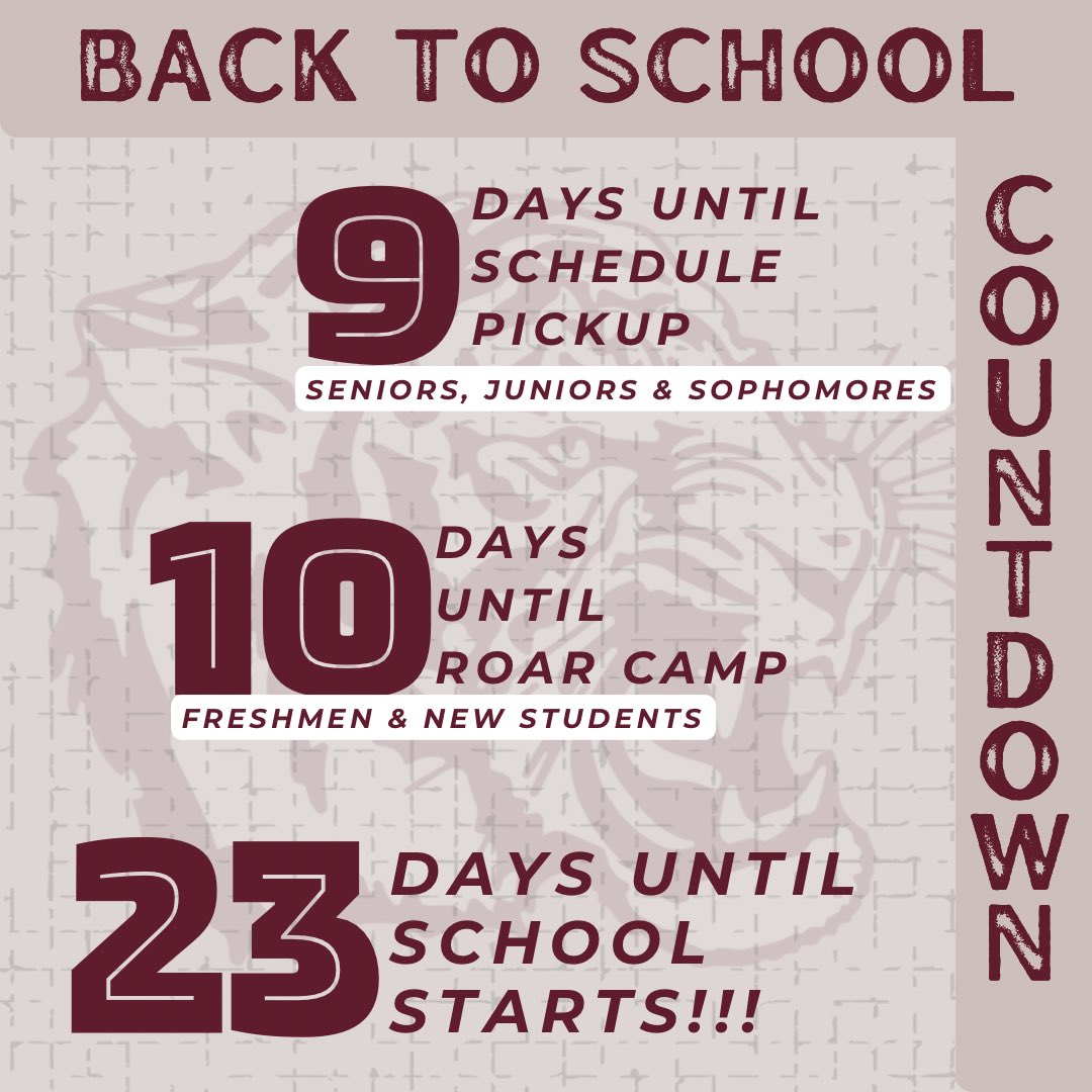 ConsolHS's tweet photo. 🗓️ Have you started counting down the days yet? ⏰
AUGUST 2nd - Schedule pickup for Seniors, Juniors &amp; Sophomores
AUGUST 3rd - Roar Camp/Schedule pickup for Freshmen &amp; new students
AUGUST 14th - Makeup schedule pickup from 4-6 pm 
AUGUST 16th - SCHOOL STARTS! 🐅 https://t.co/F5QIvGPa2q