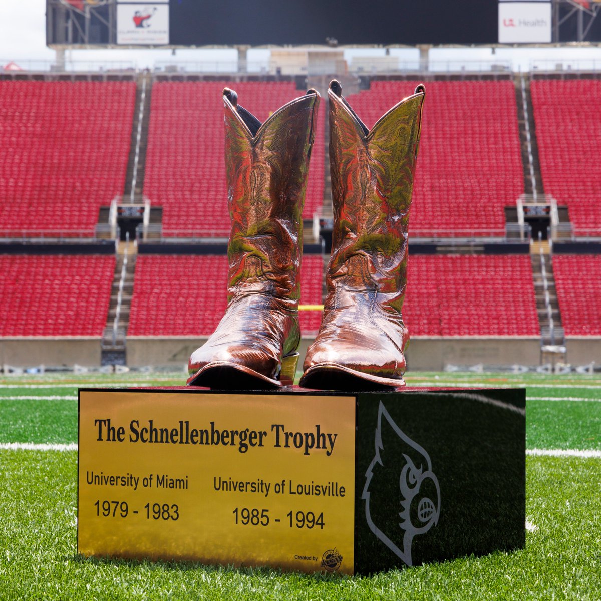 LouisvilleFB's tweet photo. The Schnellenberger Trophy
It's official! We are set to play Miami annually for the trophy, which features the boots worn by Coach Howard Schnellenberger.
#GoCards