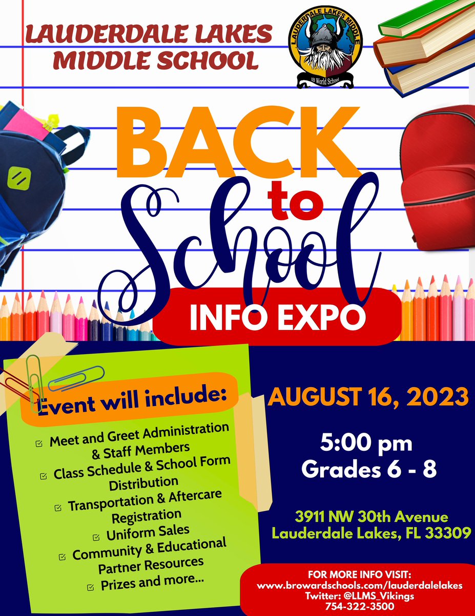 🎺 Calling all @LLMS_Vikings families 🎺 Join us for our Back to School Info Expo! Hope to see you there! Please share! @PrincipalLLopez @gibbons_althea @BcpsCentral_