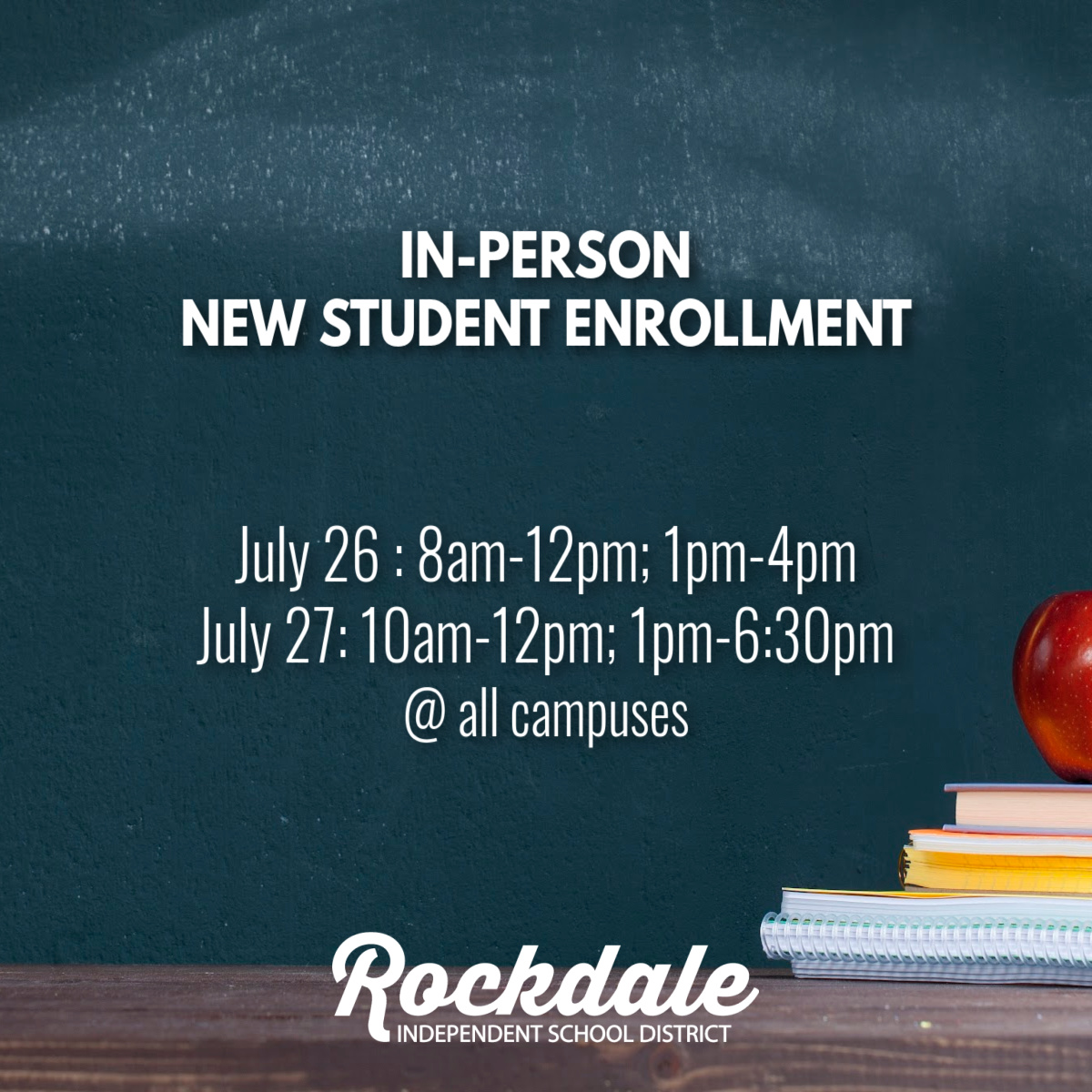 In-person New Student Enrollment is this week!
Or enroll anytime online at rockdaleisd.net/enroll through our New Student Online Enrollment (NSOE) Portal.

#BeRockdaleProud #iheartrockdale