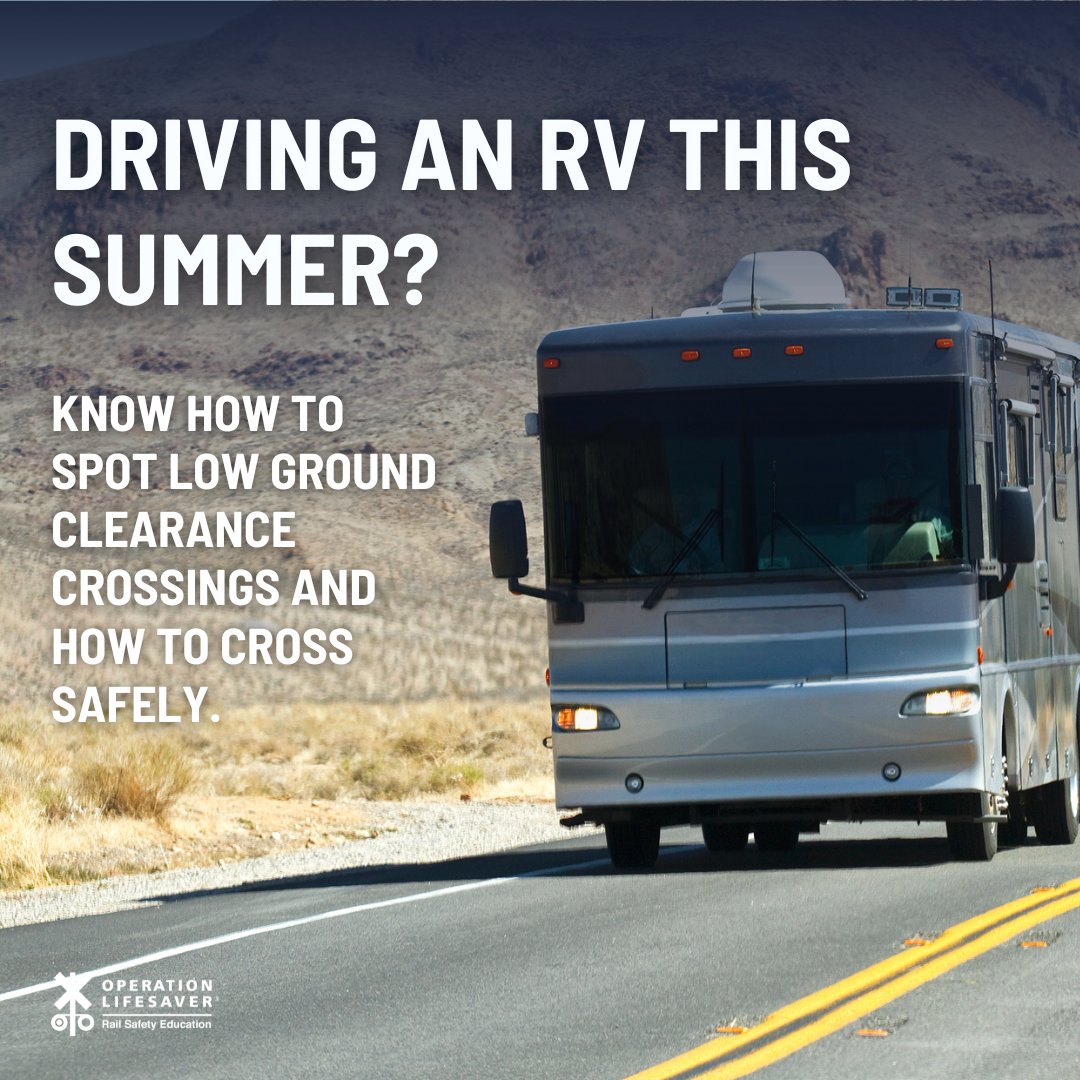 olinational's tweet photo. Vacation season is upon us! Wherever you go, remember to make safe choices and be cautious around railroad tracks. Learn more about low-clearance vehicles: https://t.co/PtY5qP0WVB
#Vacation
#RailSafety https://t.co/EvExYlRRr3