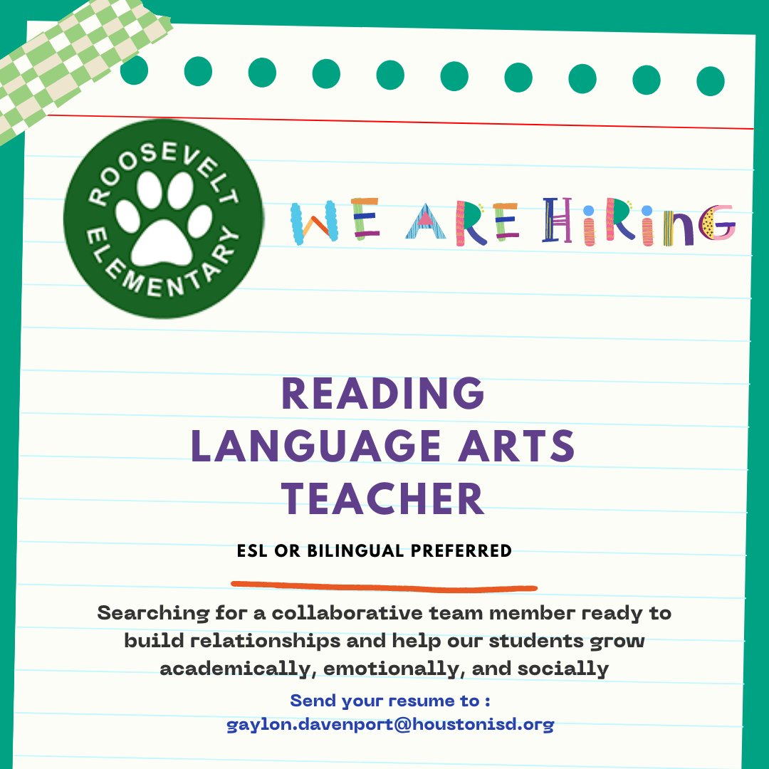 Roosevelt_HISD's tweet photo. Come join the great community on Fulton St. 
We are hiring a RLA Teacher. 

Please send your resume to gaylon.davenport@houstonisd.org
@GDavenport_EdD https://t.co/bnfHtFiDVi