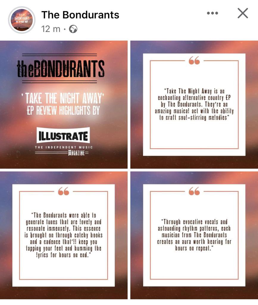 A couple of quotes for our new EP 'Take The Night Away' by @illustrateMag .  #thebondurants #takethenightaway #eplaunch #review #NewMusic2023 #ukcountrymusic