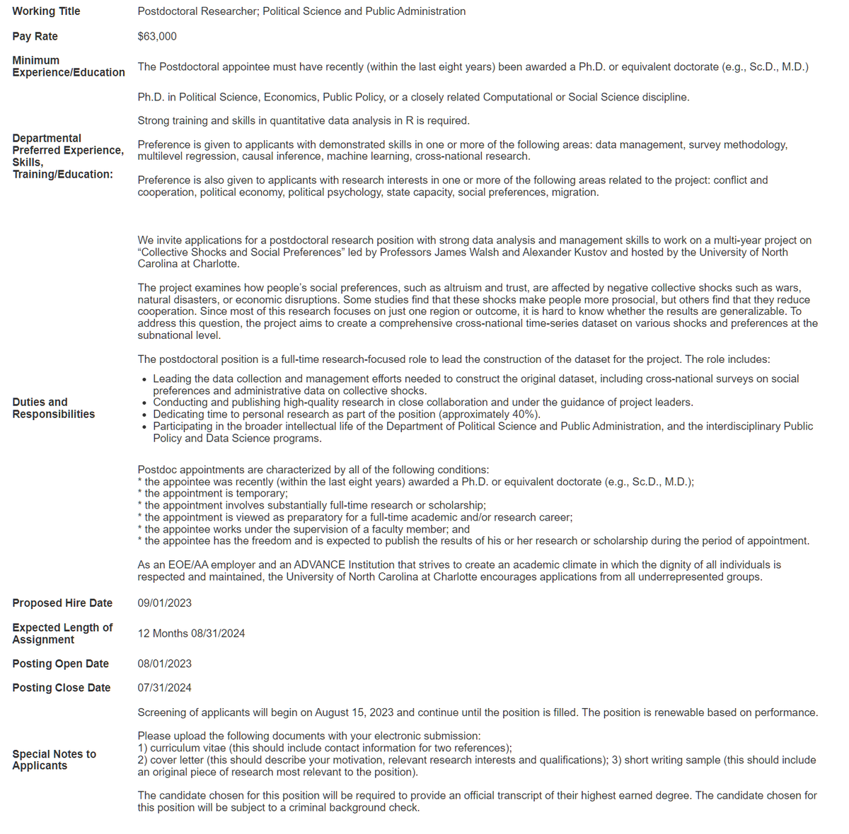 🚨Please share widely!🚨

@Jamesigoewalsh &amp; I are hiring a postdoc to work on our new multi-year project on collective shocks &amp; altruism starting immediately THIS FALL of 2023.
 
We're looking for a social scientist with strong data skills &amp; broadly aligned substantive interests