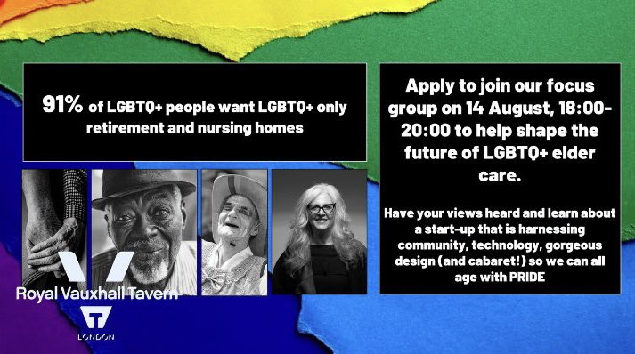 Come and help shape the future of LGBTQ+ elder care at an exclusive round table event for those over 50. 

📧 To attend please email: NEIL@JAFJAF.CO citing your name, age, gender and sexual orientation.