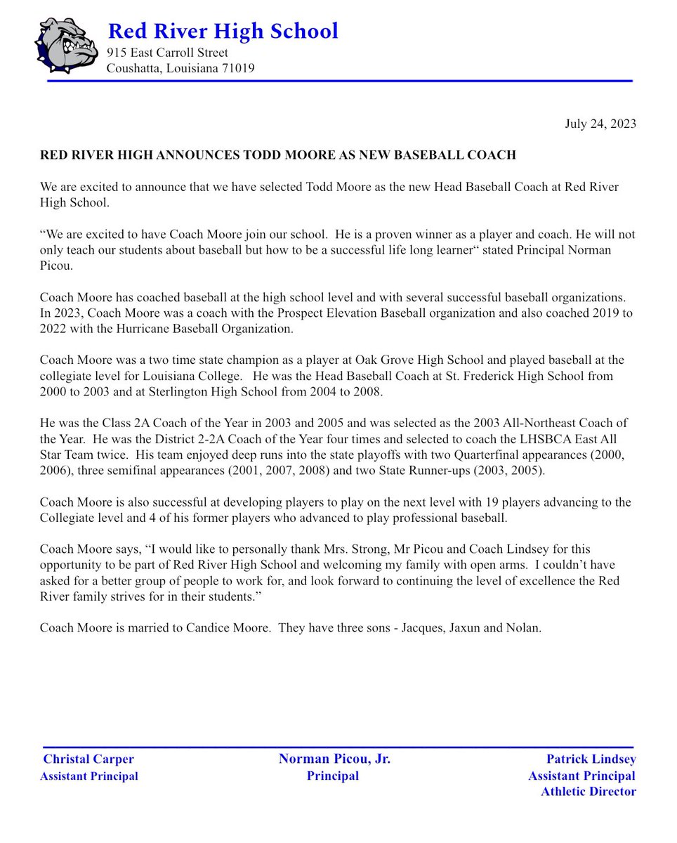 RRHSBulldogs's tweet photo. Welcome Coach Todd Moore, Bulldog Baseball new Head Coach. https://t.co/K1yNISSQ3E
