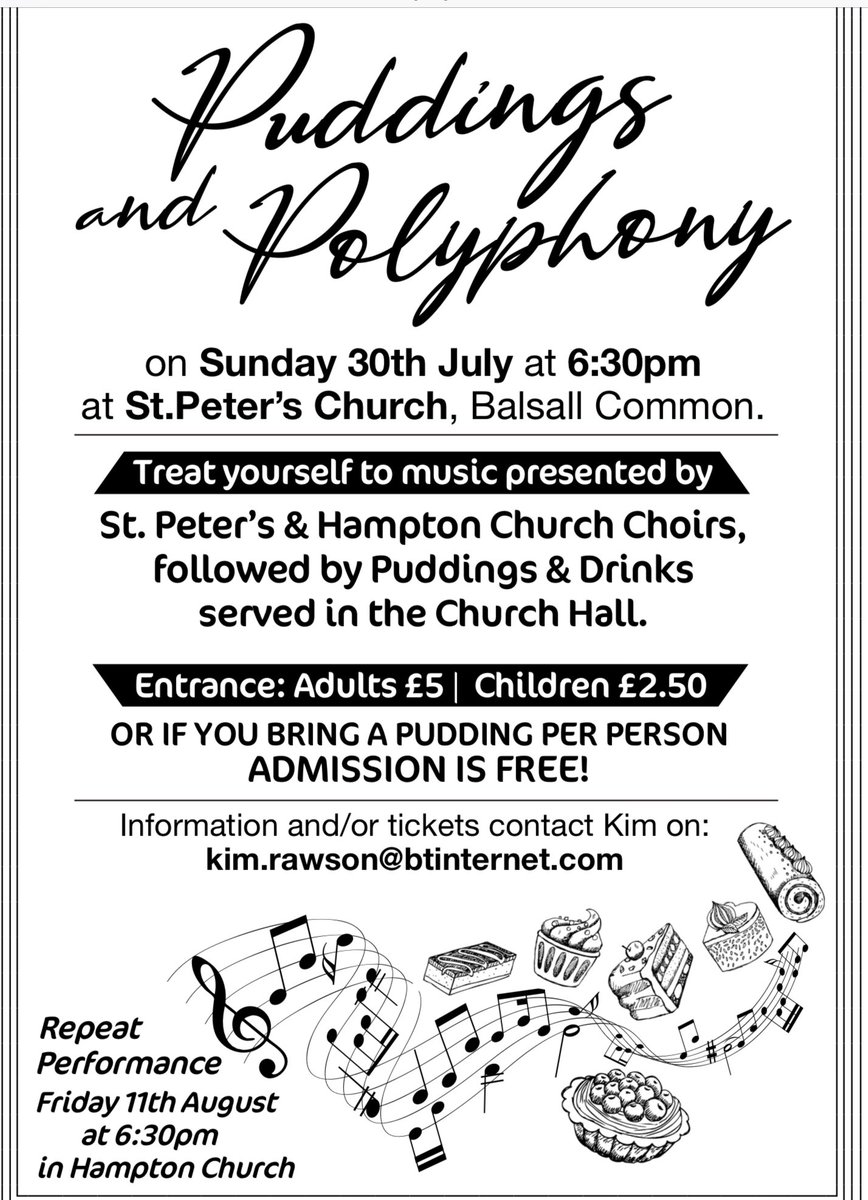 It’s the music and pudding festival of the season - see the poster and email the maestro for a ticket - 🎹🎼💒🎟️🎉