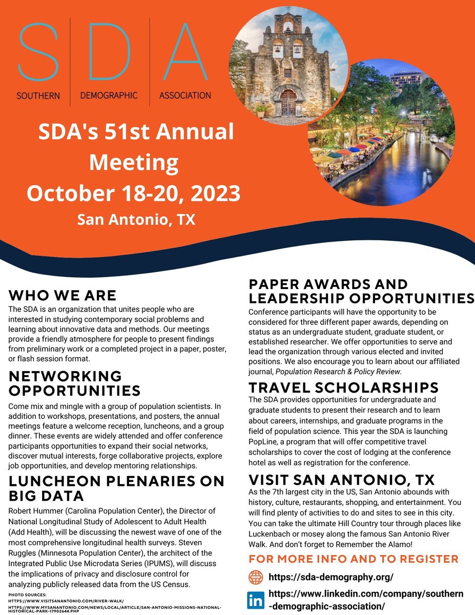 Joseph Lariscy (@josephlariscy) on Twitter photo August 1 is the deadline to submit an abstract for the 2023 Southern Demographic Association meeting. This year’s <a href="/SDA_Demography/">Southern Demographic Association</a> meeting will be October 18-20 in San Antonio, TX. For more information about SDA and how to submit an abstract, click here: sda-demography.org August 1 is the deadline to submit an abstract for the 2023 Southern Demographic Association meeting. This year’s <a href="/SDA_Demography/">Southern Demographic Association</a> meeting will be October 18-20 in San Antonio, TX. For more information about SDA and how to submit an abstract, click here: sda-demography.org