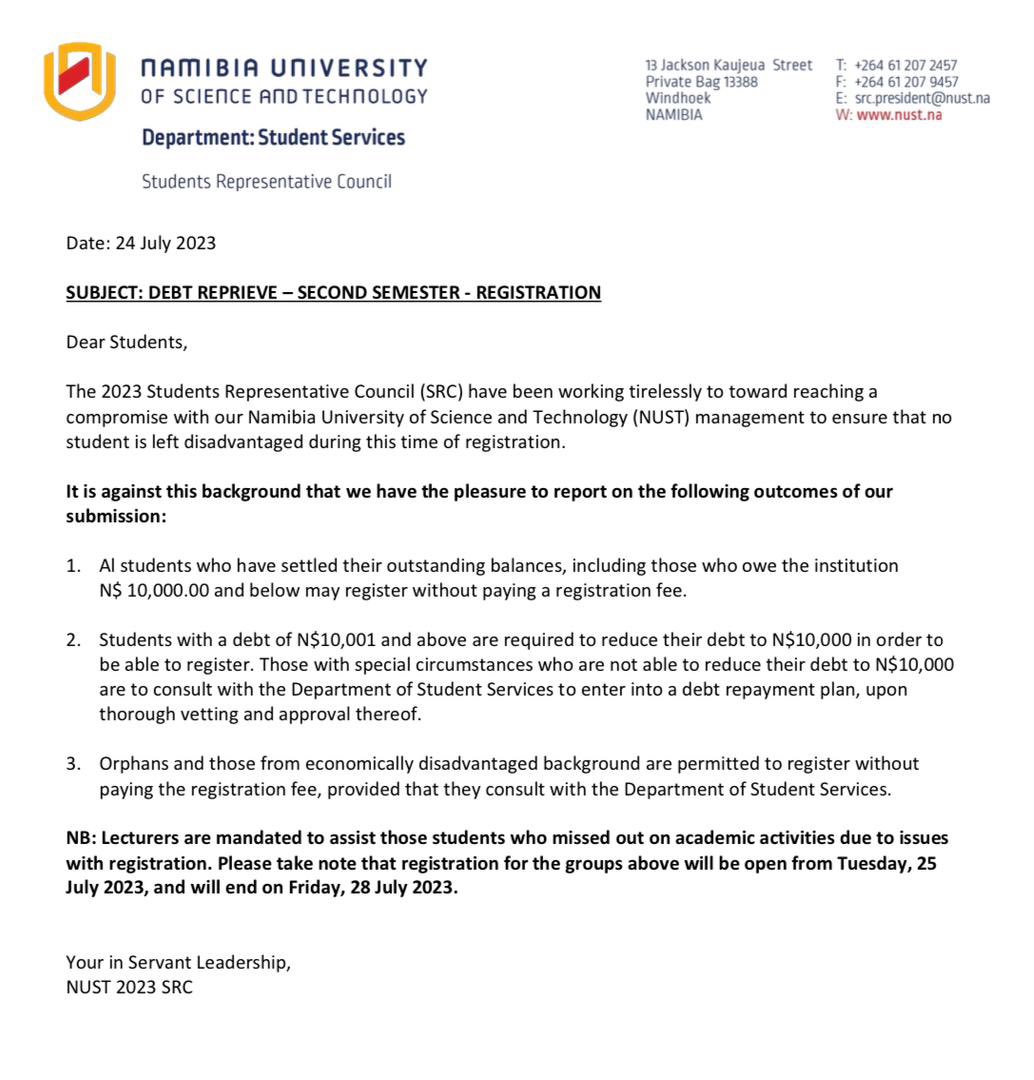 The 2023 Student Representative Council wishes you renewed strength for the second semester of the year. The above subject bears reference to the debt retrieve for the second semester registrations.