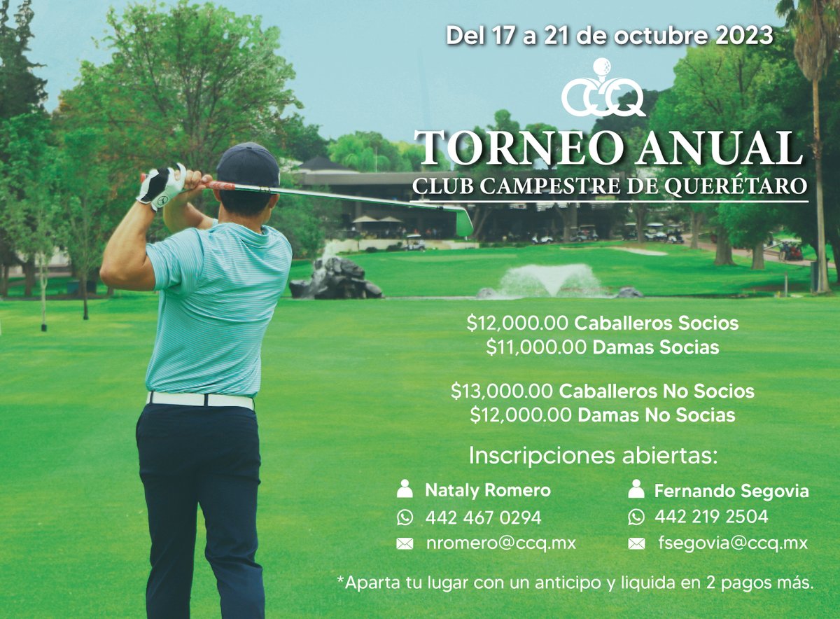 ccqmx's tweet photo. 🏌 66° Torneo Anual Club Campestre de Querétaro
📆 Del 17 al 21 de octubre
✅INSCRIPCIONES ABIERTAS
¡No te quedes fuera!
Más información: https://t.co/k1hZpfWov8 https://t.co/yKgSjLFOI8