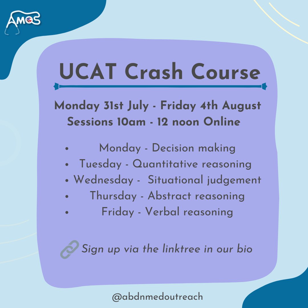 AbdnOutreach's tweet photo. Sign up has opened for participants for our UCAT crash course! ✅ 

This will be held online via Microsoft Teams. Come along to learn an effective method to tackle each section, taught by medical students from Aberdeen Uni👩🏻‍⚕️

🔗 Sign up link below: 
https://t.co/F76rin4iNP https://t.co/ZZvvZZByjg
