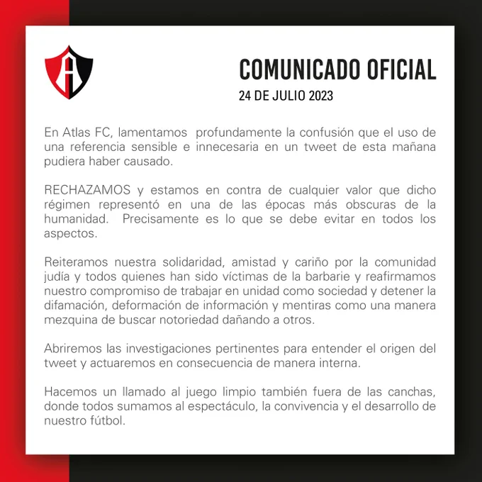 En el comunicado, el conjunto de Atlas promete actuar en consecuencia al incidente ocurrido en el marco de la Leagues Cup 2023. Foto: Twitter @AtlasFC