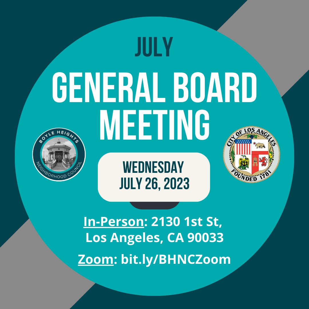Join our outgoing boardmembers for their last meeting this Wednesday, July 26, at 6pm! 
--
¡Únase con el Consejo Vecinal de Boyle Heights para la última reunión de este consejo este miércoles 26 de julio a las 6:00 pm!