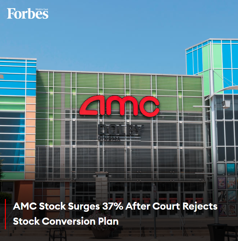 AMC Entertainment shares rose 37% after a Friday court ruling blocked their plan to convert preferred stock to common stock and issue millions of new shares. 

#Forbes 

https://t.co/ziiD1T1KgI https://t.co/RWvrKV2Zqd