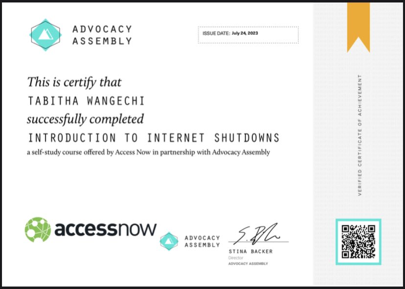 I am excited to discover the work of #Keepiton coalition in pushing back against #InternetShutdowns and safeguarding #humanrights. 

I just completed the course, “Introduction to Internet Shutdowns” by @accessnow & @Advocassembly. Bravo! @feliciatonio for excellent facilitation🚀