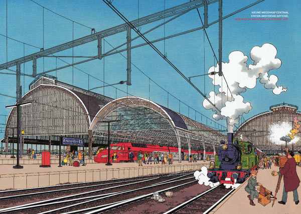 Stations De Vlugtlaan, Lelylaan, Amsterdam CS en Zaandam. 

Door striptekenaar Theo van den Boogaard.