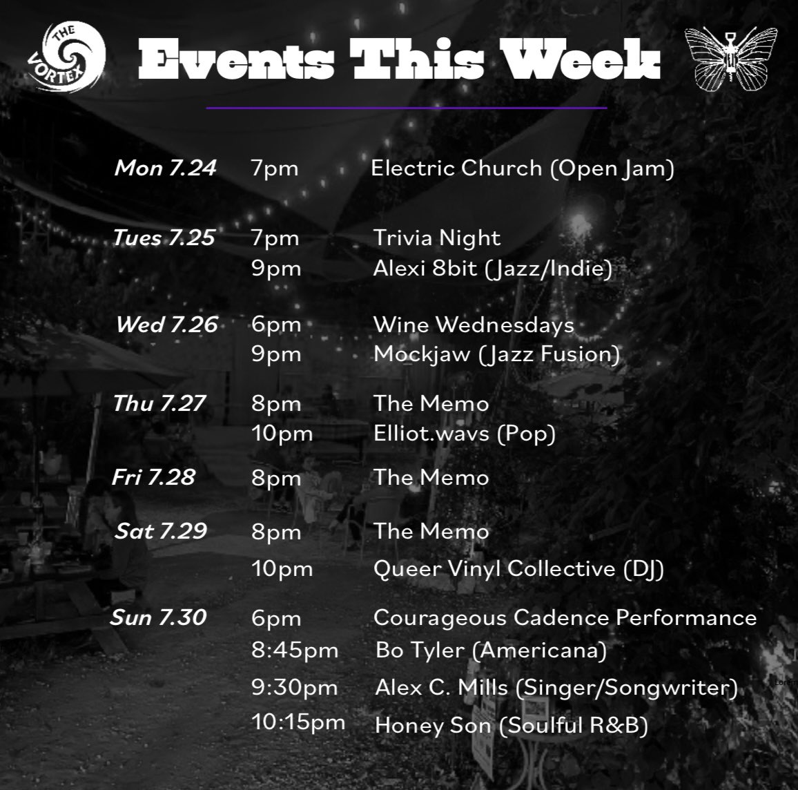 👀 So much happening this week! 

Electric Church tonight 🎶 , Wine Wednesday 🍷, Closing weekend of The Memo 🎭,  and Dreamboatz Showcase on Sunday 💕