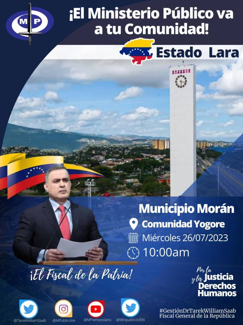 El <a href="/MinpublicoVEN/">Ministerio Público venezolano</a> va a tu comunidad. Gracias a la gestión de nuestro presidente obrero <a href="/NicolasMaduro/">Nicolás Maduro</a> <a href="/AdolfoP_Oficial/">Adolfo Pereira Gobernador</a> y Alcalde Félix Linares se lleva a cabo la jornada con El Ministerio Público en la comunidad de Yogore 
<a href="/NicolasMaduro/">Nicolás Maduro</a> <a href="/dcabellor/">Diosdado Cabello R</a> <a href="/JackieCPSUV/">Jacqueline Faria</a> <a href="/TarekWiliamSaab/">Tarek William Saab</a>