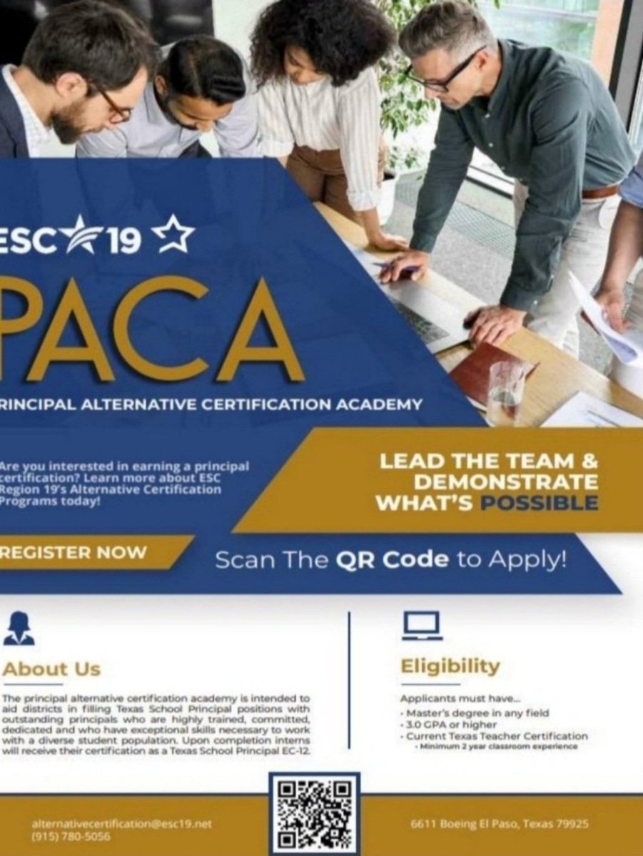 Interested in using your Master’s Degree towards a Texas Principal Certificate? 
It's not not too late! ESC Region 19 is currently accepting applications for our PACA Academy that starts in September!
Join us!