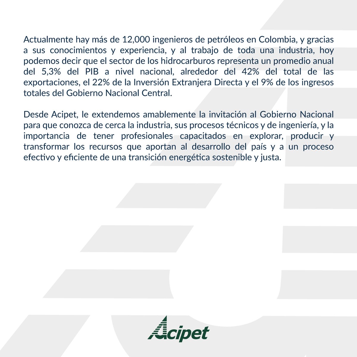 ACIPET (@acipet_co) on Twitter photo #ComunicadoAcipet | Rechazamos declaraciones del Pdte. Gustavo Petro, <a href="/petrogustavo/">Gustavo Petro</a>, referentes a su concepto de que "para sacar de la tierra no se necesita de mucho trabajo ni conocimiento", aseveración que incluye la extracción de hidrocarburos.
Lee el comunicado completo 👇 #ComunicadoAcipet | Rechazamos declaraciones del Pdte. Gustavo Petro, <a href="/petrogustavo/">Gustavo Petro</a>, referentes a su concepto de que "para sacar de la tierra no se necesita de mucho trabajo ni conocimiento", aseveración que incluye la extracción de hidrocarburos.
Lee el comunicado completo 👇