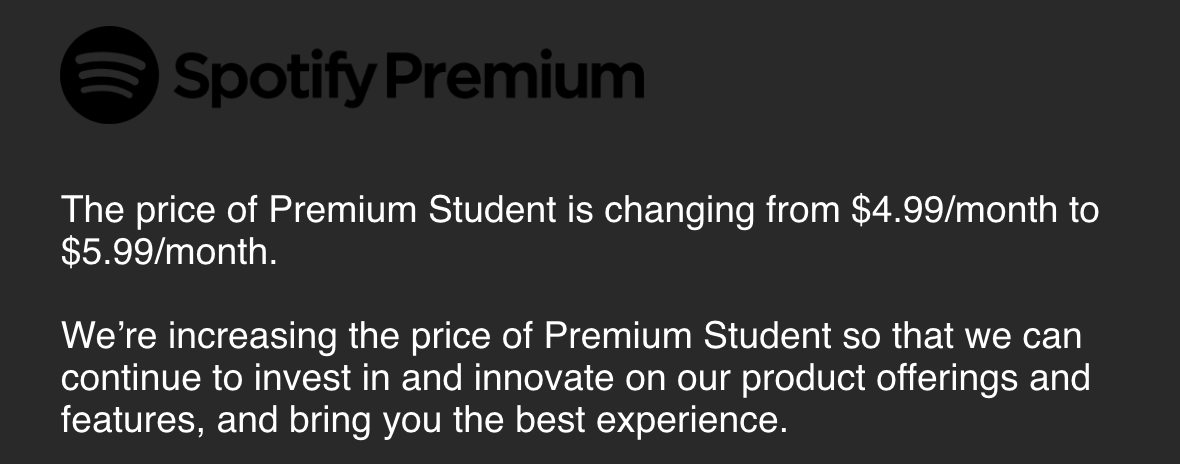 Prices are increasing for everything good in life

<a href="/Spotify/">Spotify</a>