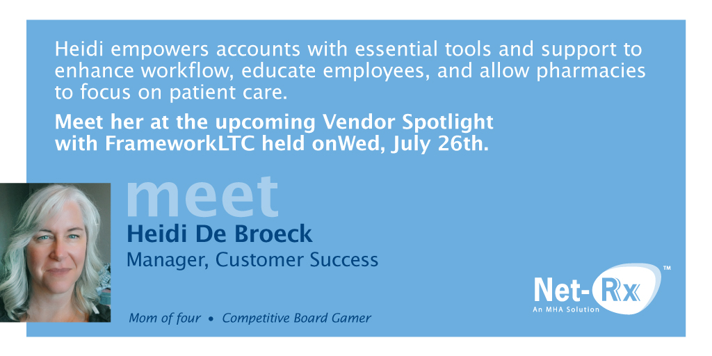 Meet Heidi! As a valued member of Net-Rx since 2015, Heidi is committed to cultivating collaborative relationships. She’ll be presenting at SoftWriters FrameworkLTC Vendor Spotlight on Wed 7/26. Register here! bit.ly/3pSwBOs