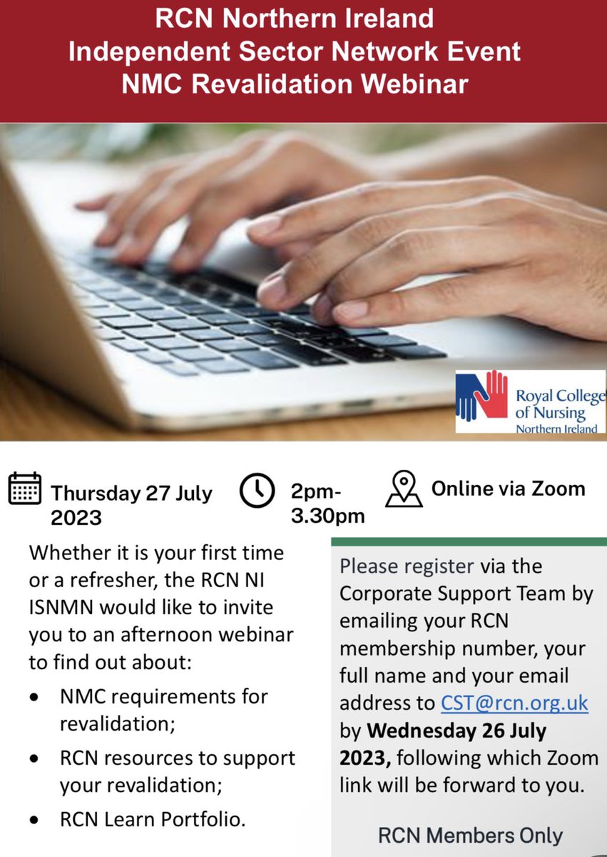 StephCraigRN's tweet photo. Are you a #NMC registered #nurse #revalidating for the first time or do you want a refresher on the #revalidation process?
Join the @RCN_NI Independent Sector Network Event this Thursday 💻
🚨@theRCN members ONLY🚨
Contact: CST@rcn.org.uk to register 👇
#ISN_RCNNI https://t.co/0jh7u92pAW