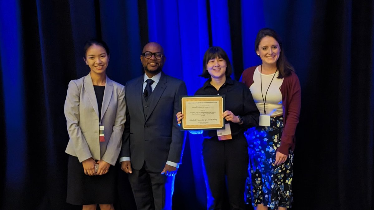 PurdueAgEcon's tweet photo. Congrats to PurdueAgEcon’s graduate student competition placements at #aaea2023

Fraysse, Qin &amp; Wang, USDA AMS-GSS Data Visualization Challenge, 1st

Wang, Hoque &amp; Nuworsu, USDA AMS-GSS Data Visualization Challenge (virtual), 1st

Lippsmeyer, Tan &amp; Kane, AEM-GSS Case Study, Top-3 https://t.co/DlKHcxjJvU