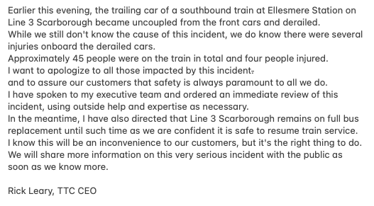 TTCNewsroom's tweet image. Statement from #TTC CEO Rick Leary on this evening's derailment on Line 3 Scarborough.