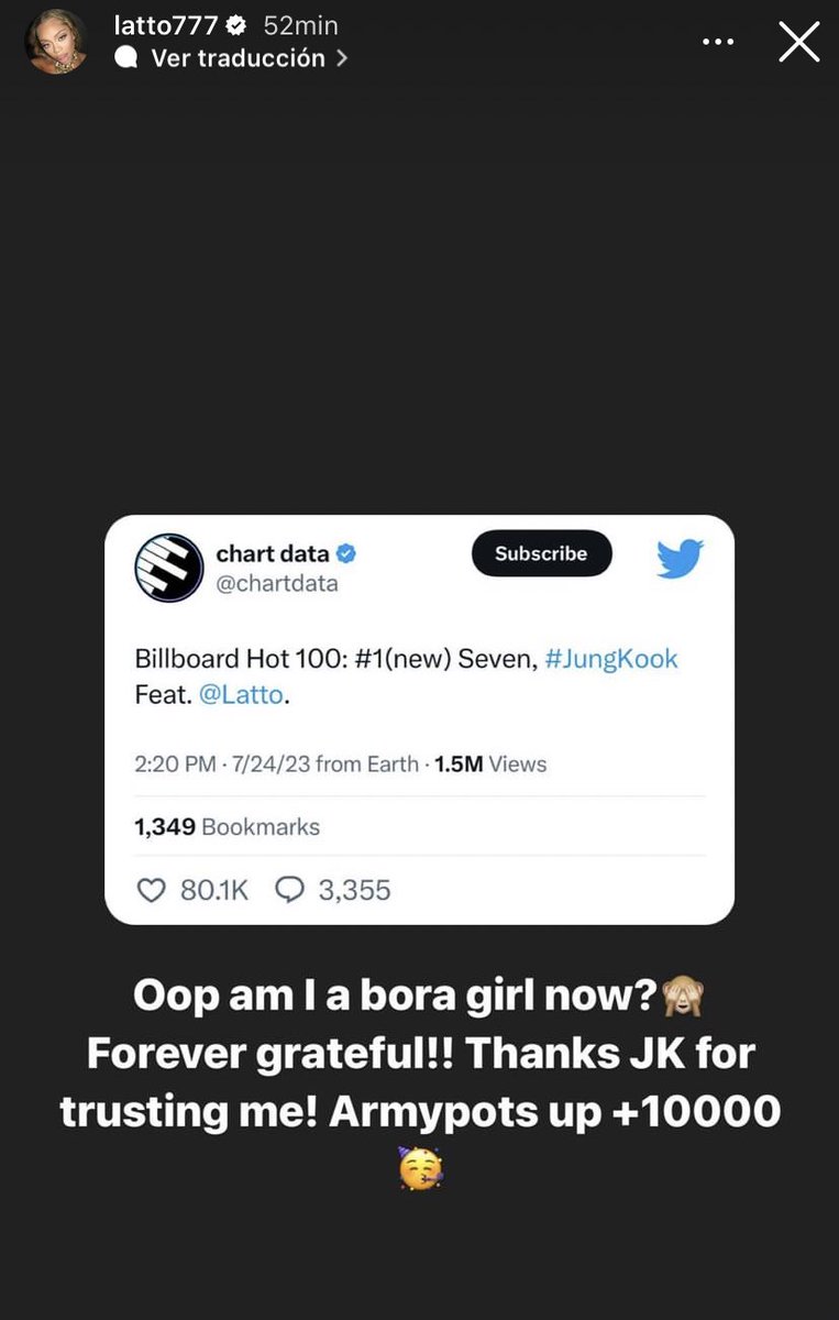 Latto via Instagram Stories 

Oop am I a bora girl now?🙈 Forever grateful!! Thanks JK for trusting me! Armypots up + 10000 🥳