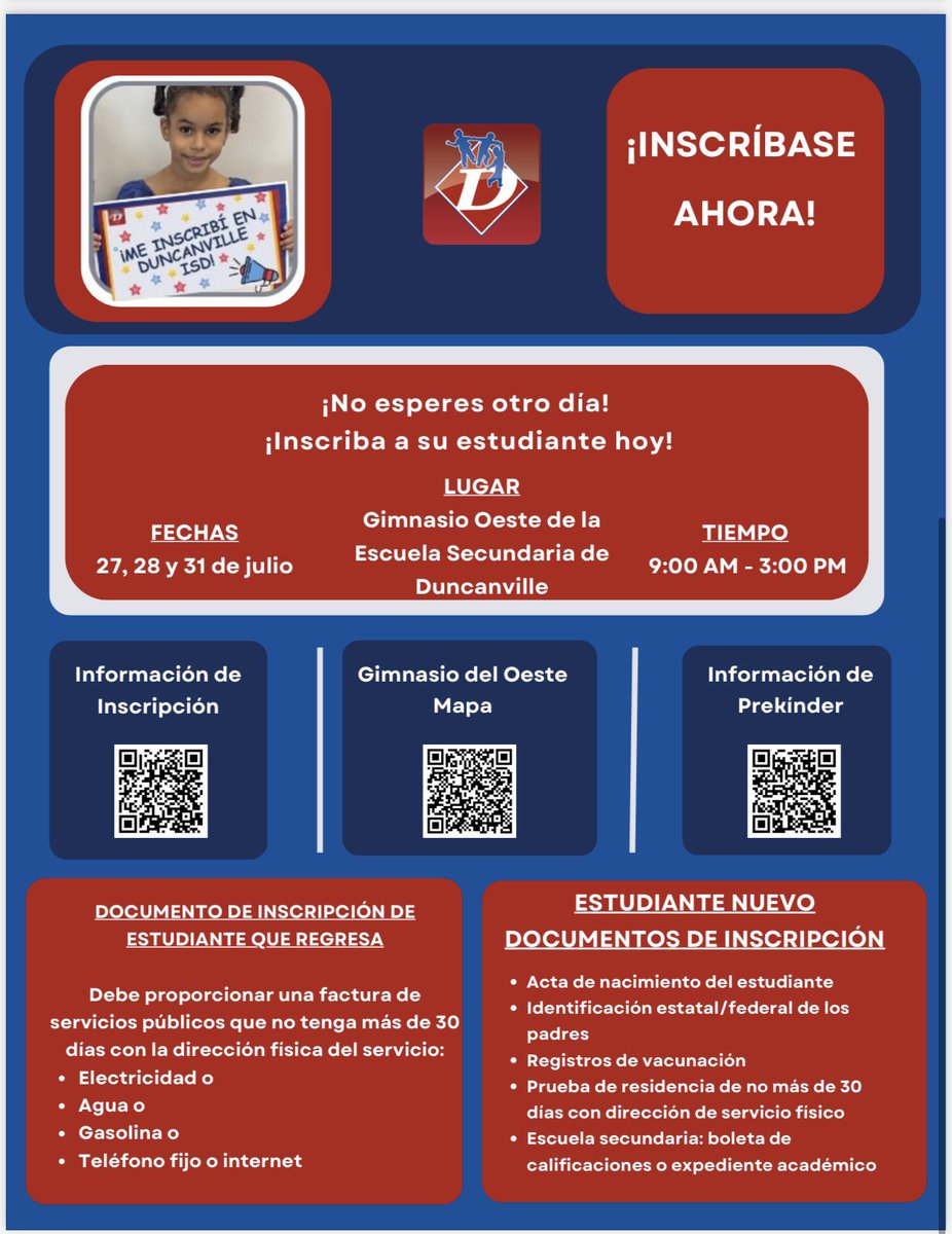 Register TODAY! If you are in need of assistance, visit Duncanville HS on July 27th, 28th or 31st. Avoid waiting in a line on the first day of school.