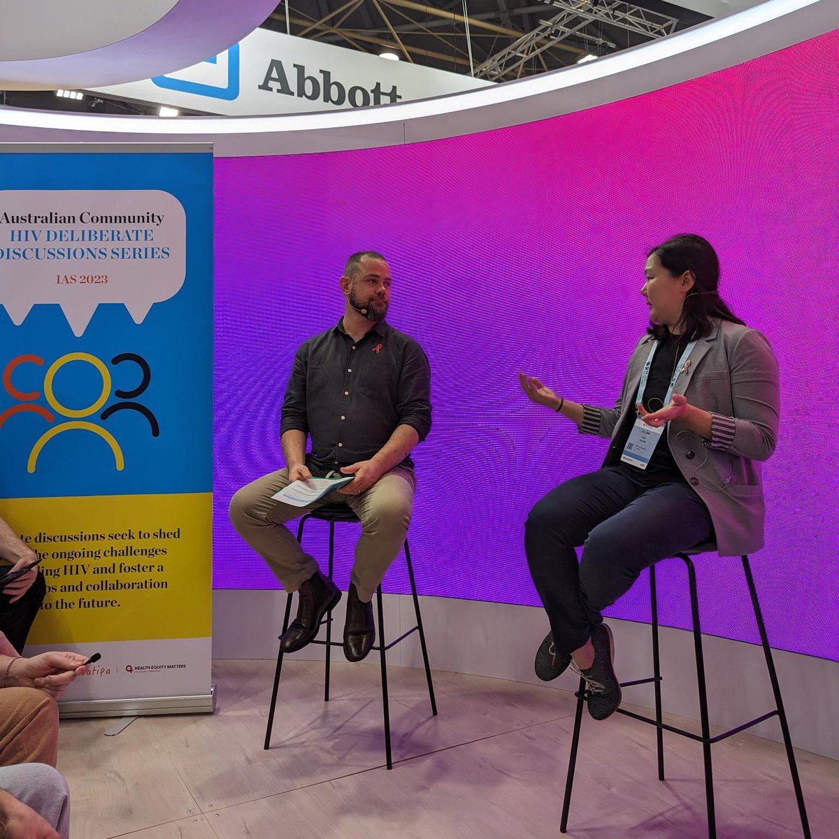 HIVcureAU's tweet photo. Yesterday at #IAS2023 Deliberate Discussions, @JillianLau1 chatted with Brent Clifton about some of the barriers of HIV trials and the disconnect between the reality of HIV Cure trials progress with what is being reported in the media. @iasociety  @GileadSciences @brent_clifton https://t.co/RxnUhvZMtY
