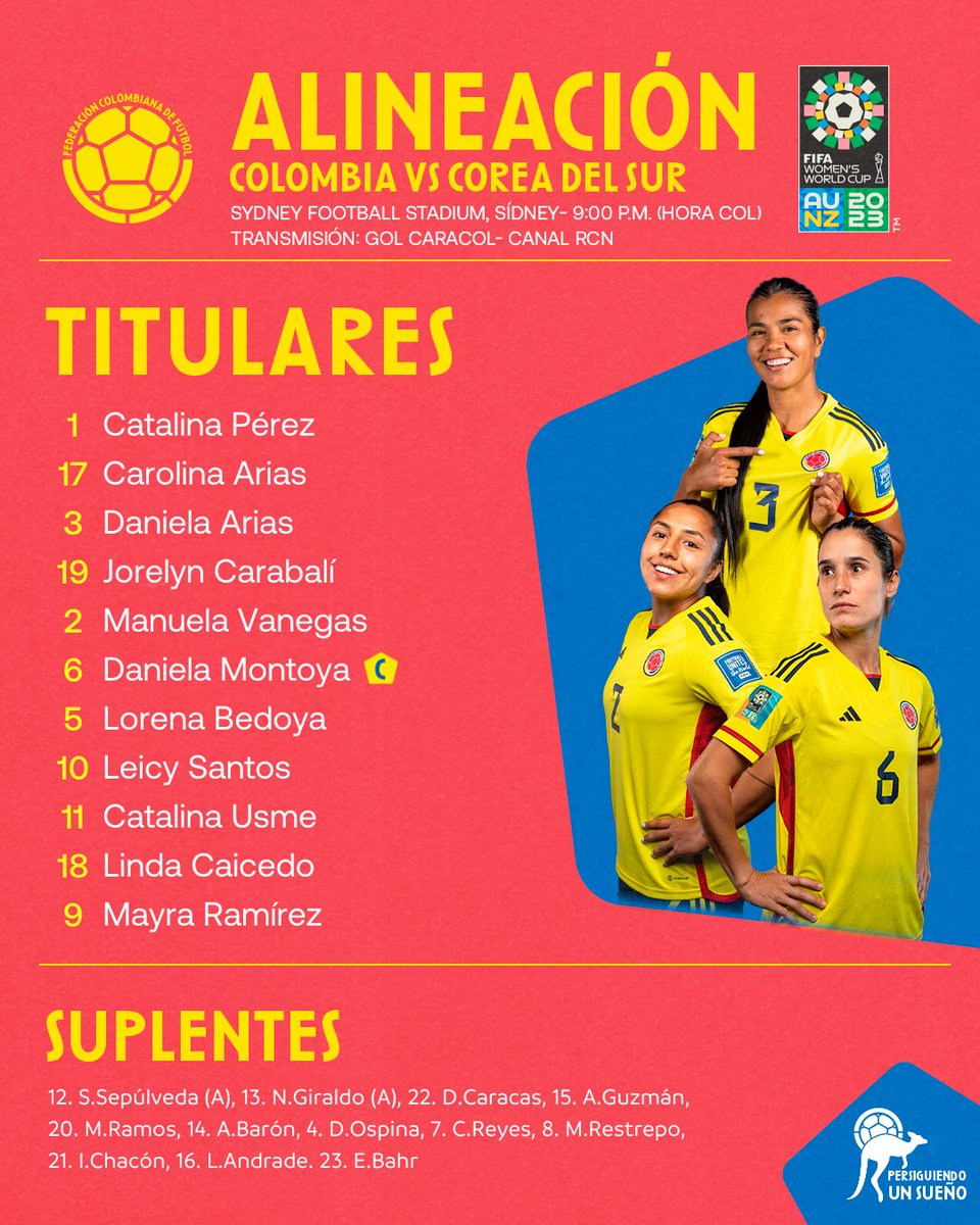 🚨 𝗧𝗜𝗧𝗨𝗟𝗔𝗥

Formación de la Selección Colombia Femenina para enfrentar a Corea del Sur por la Copa Mundial Femenina de la FIFA.

#PersiguiendoUnSueño
#TodosSomosColombia 🇨🇴