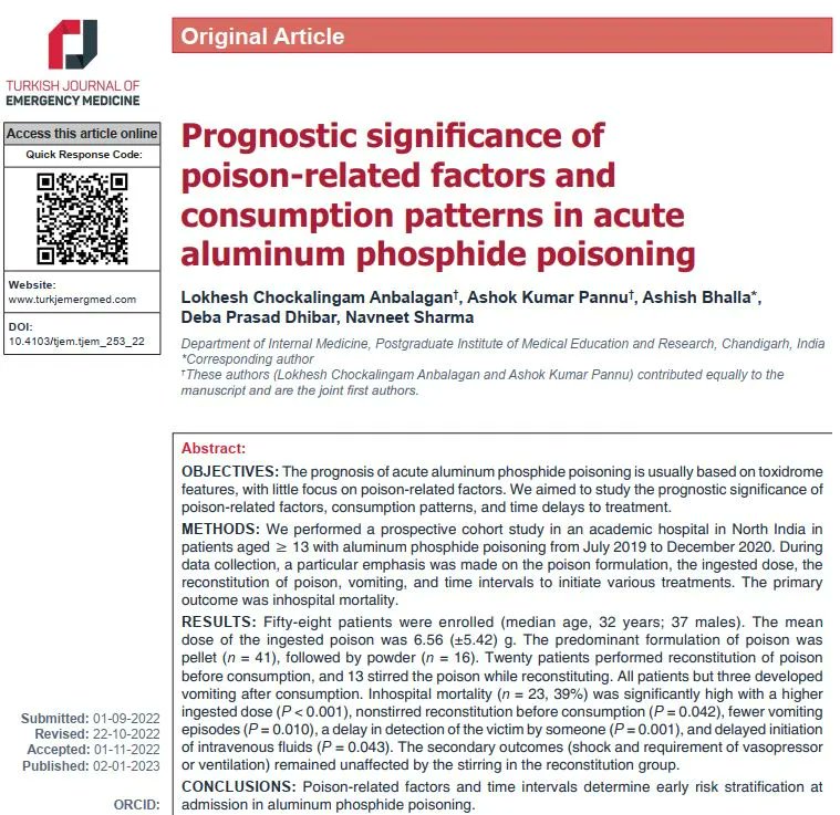 Article from 2023/2: Anbalagan et al. Prognostic significance of poison‑related factors and consumption patterns in acute aluminum phosphide poisoning #TurkJEmergMed #FOAMed #MedEd #EmergencyMedicine #EvidenceBasedMedicine #OriginalArticle Full text: buff.ly/3XVFovm