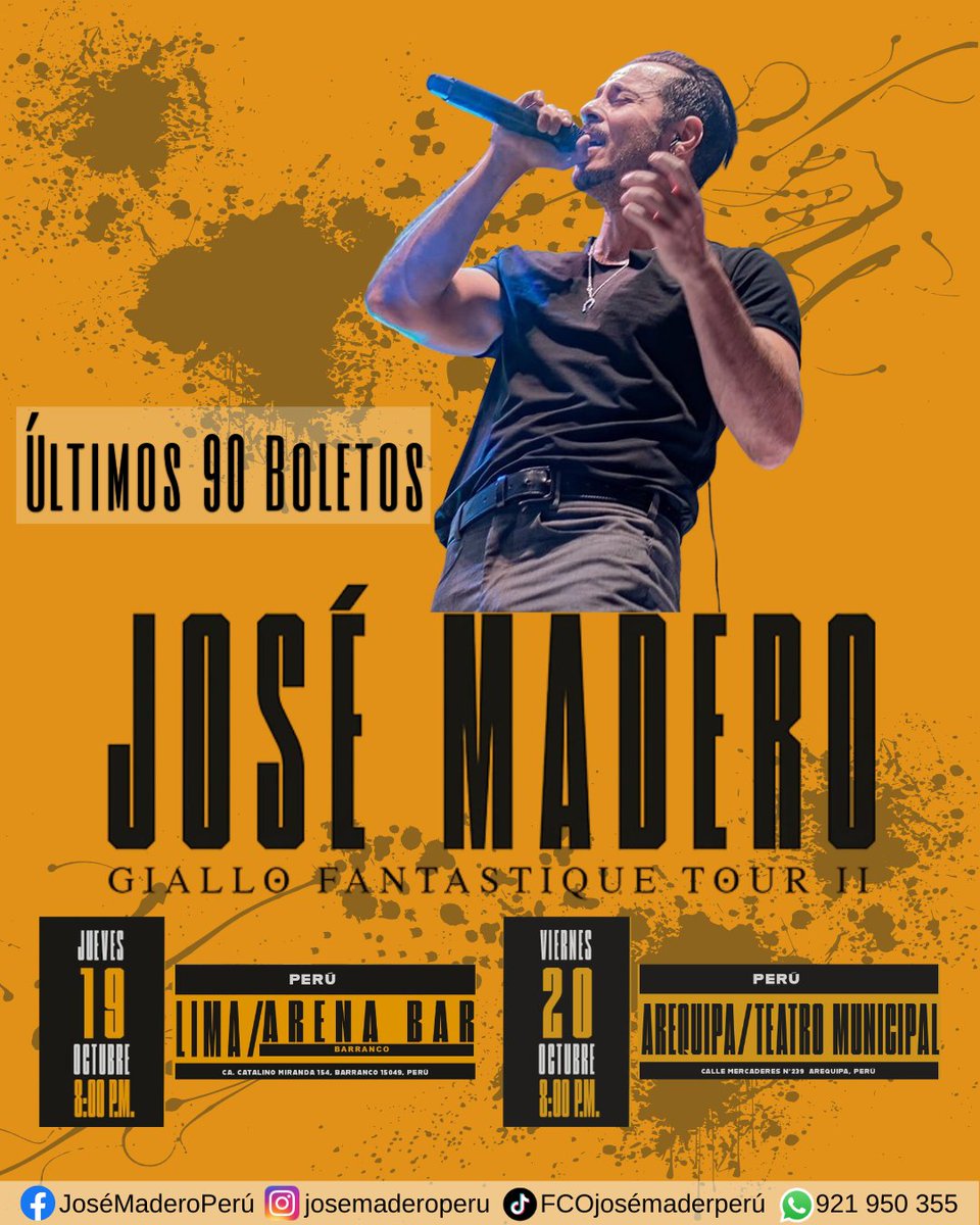 🚨Últimos 90 boletos: Joinnus😱🚨

José Madero Vizcaíno en Lima y Arequipa !! 🇵🇪🇵🇪🇵🇪
Giallo Fantastique Tour II💛🤠🇵🇪

Boletos Lima:
shorturl.at/bzENY

Boletos Arequipa:
shorturl.at/prLY5

No te quedes sin Boletos...!!!🎟️🥳🎶

#JoseMaderoEnLima #JoseMaderoEnArequipa
