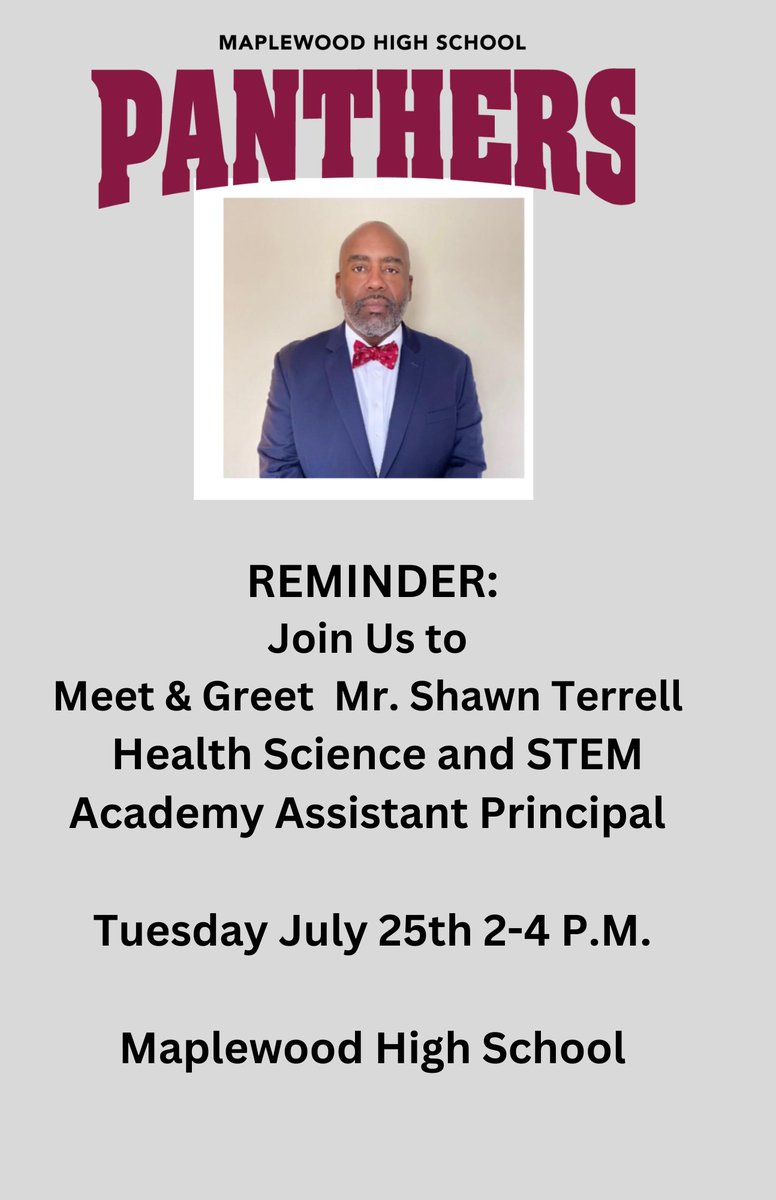 Reminder🗣️ Please join us for a Meet & Greet for the Assistant Principal of the Academy of Health Science and STEM.