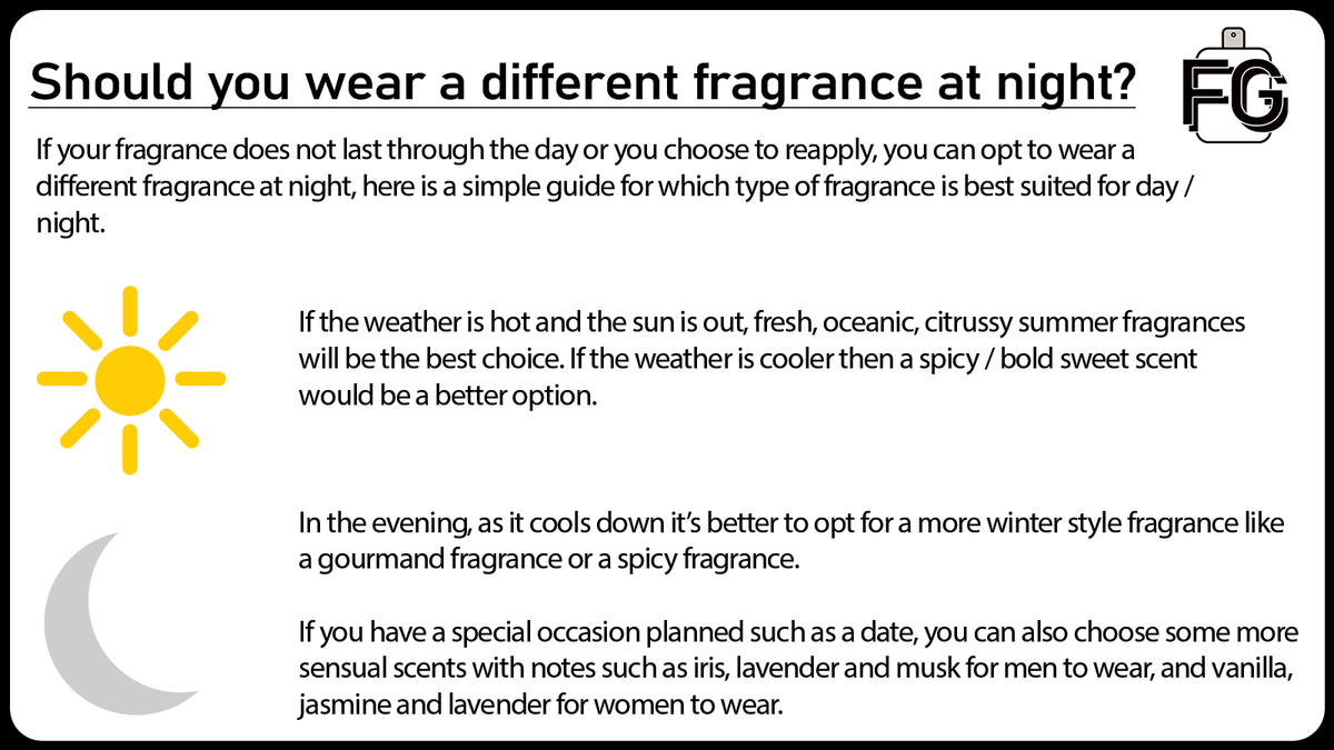FragGuides's tweet photo. Should you wear a different fragrance at night?

Like always, it's up to the wearer what they choose to wear, but here is a simple guide that can help those who aren't sure 👇

#fragrance #cologne #scent https://t.co/frykkihmBG
