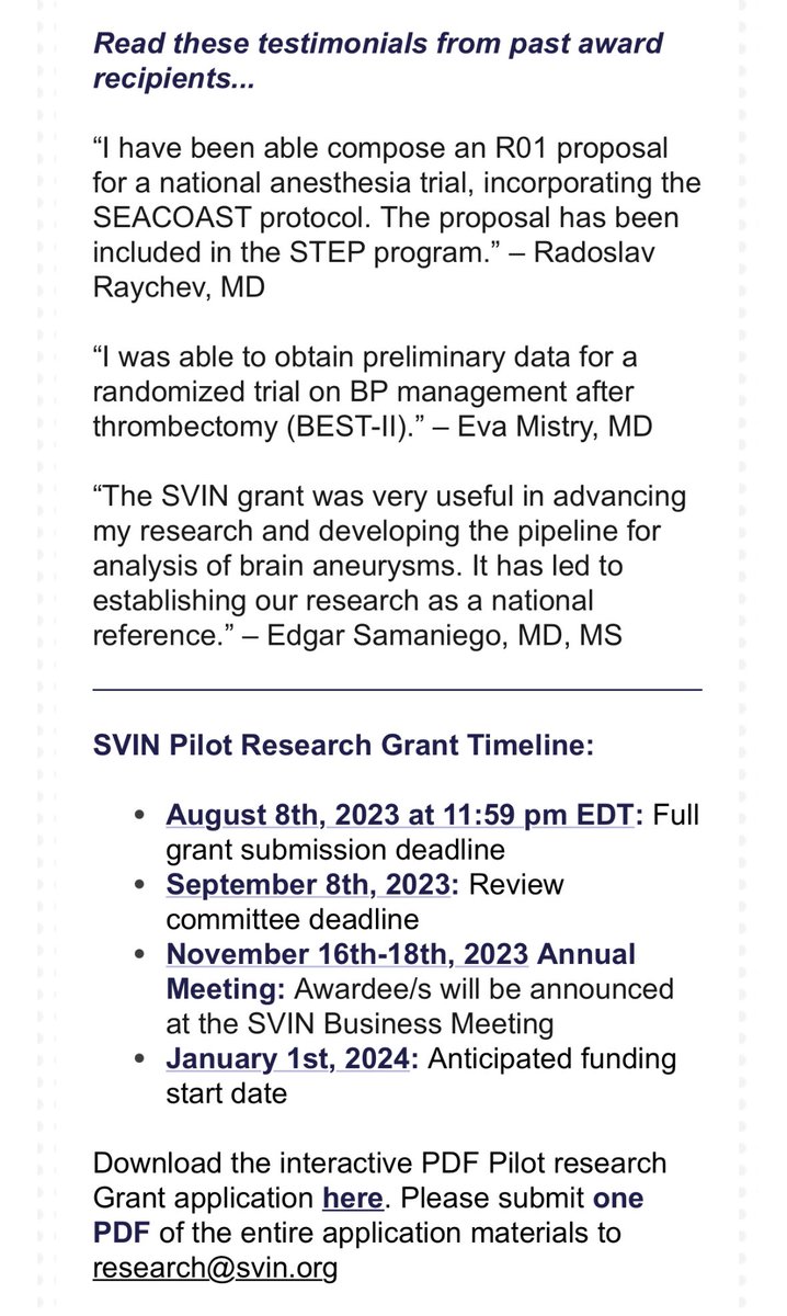 Two Weeks Left to Apply for SVIN pilot research grant! Use this link to download the form and email it to research@svin.org see recent award winner testimonials by @radoraychev @eva_mistry & @esamaniego #SVINresearch @svinsociety @SVINJournal r20.rs6.net/tn.jsp?f=001z7…