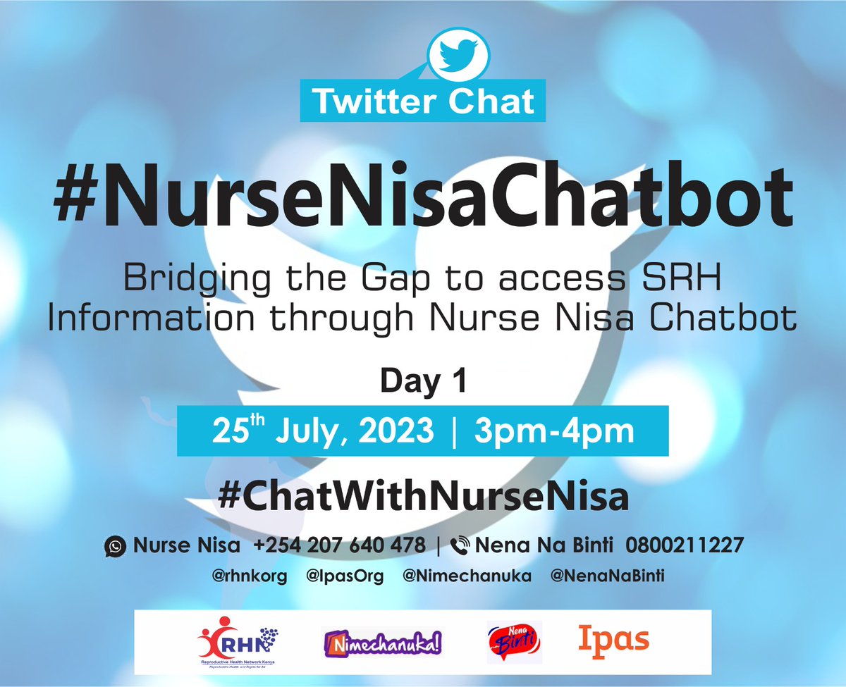 Mark your calendars 📅!
🌐 Join our Twitter chat to explore how this innovative tool, #NurseNisaChatbot, is breaking barriers and connecting girls and women to critical SRH information. 
Bring your insights &amp; curiosity!
Be part of this empowering conversation.
#ChatWithNurseNisa
