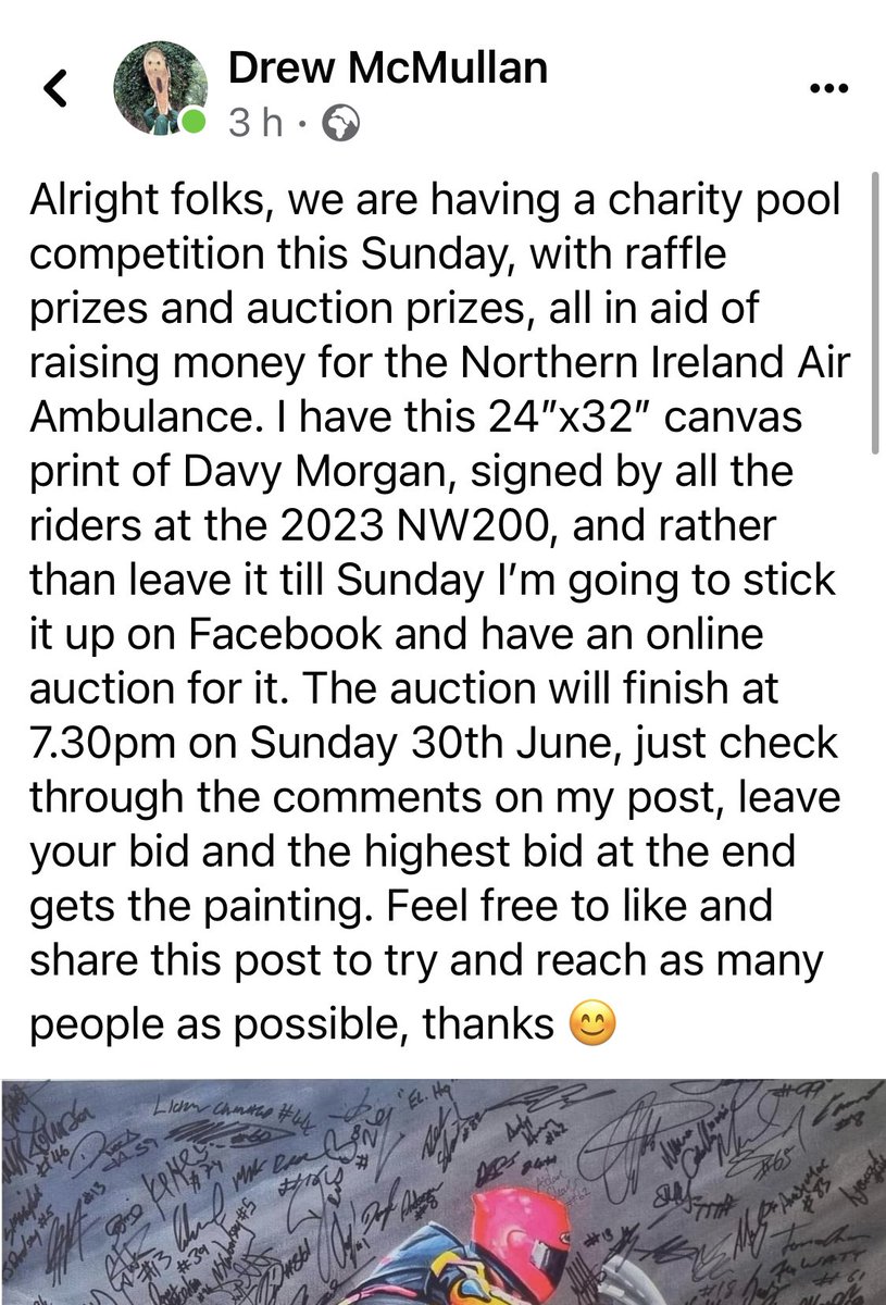 colydawg's tweet photo. This competition and raffle are being organised by Davy Morgans #DM71 mates who he played pool with in the Rowallane Inn, Saintfield. Great bunch of lads and did similar last year with a tidy sum raised for the injured riders fund. This year it’s the very worthy NI air ambulance. https://t.co/Xq0qpP6RMa