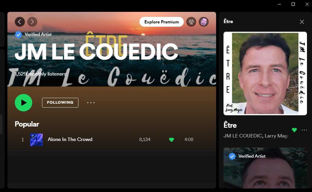 jmblecouedic's tweet photo. I am pleased with the amount of streams that my new song is getting on Spotify: 30 new listeners every day. Thank you to everyone who believes that music has no frontier and barrier. #être #aloneinthecrowd #jmlecouedic #musiclovers https://t.co/u4KkZnQKJR