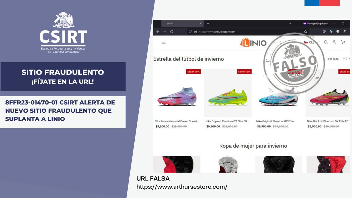 ANCIChile's tweet photo. ⚠️ ¡Atención! Informamos de la activación de un sitio fraudulento que suplanta a #Linio ¡#NoHagasClick! Los detalles aquí: https://t.co/NTaEwDgH8u #ciberseguridad #CSIRTGob @subseinterior https://t.co/G78gWFpOp2