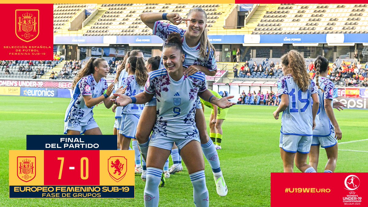 SEFutbolFem's tweet photo. 🏁️ ¡¡𝗙𝗜𝗡𝗔𝗔𝗔𝗔𝗔𝗔𝗟!!

✅ España logra el pase a semifinales y asegura su presencia en el Mundial sub-20

🇪🇸 7-0 🇨🇿 

#U19WEURO https://t.co/jnSyaR3BB0
