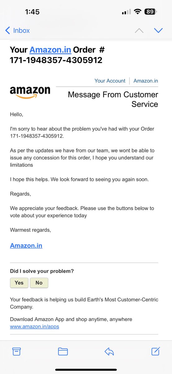 VarunBidye's tweet photo. @amazonIN @amazon @JeffBezos @AmazonHelp What does this mail mean? I have been delivered a wrong product with a missing part, which they say won’t be replaced or refunded? What do I do with that wrong product now? Who’s responsible? https://t.co/ka1UeAd084